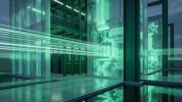 Generative Engine Optimisation - Professional 16:9 hero banner. Ultra high resolution. A striking, conceptual architectural detail of a futuristic, prestigious data centre or digital infrastructure, bathed in a vibrant #1EF5AD (mint green, vibrant teal-green) glow that emanates from within the structure, highlighting intricate circuitry and glowing data streams. The setting conveys innovation and high-level strategy, with subtle accents of #0A6B48 in background elements, suggesting the powerful, underlying architecture of AI search. The composition should feel bold and forward-thinking, representing the strategic shift from traditional SEO to GEO. Style: Architectural fine art photography with dramatic lighting. Avoid: Groups around holographic tables, generic tech aesthetics, text overlays, cold blue tones, stock photo clichés.